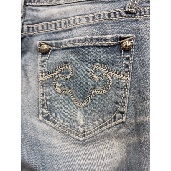 VTG Y2K Rerock For Express Bootcut Jeans Womens Sz 4 Short Blue Denim Distressed - Picture 6 of 12